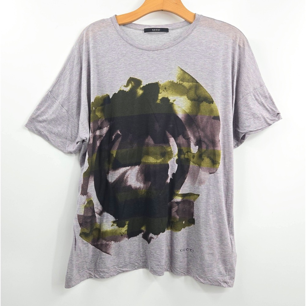 Gucci T Shirt women's Large Abstract Graphic Watercolor Logo Grey Made in Italy